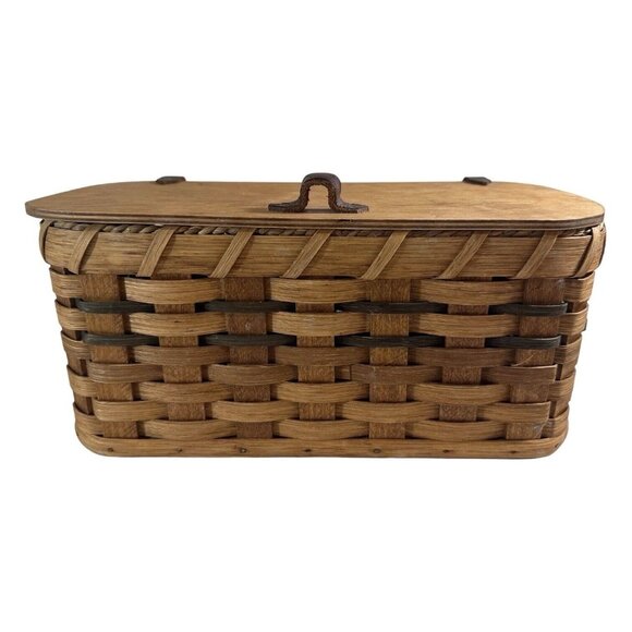 Antique Split Oak Bent Wood Basket Lid Leather Hinge Braid Hand Made 13x6 OOAK